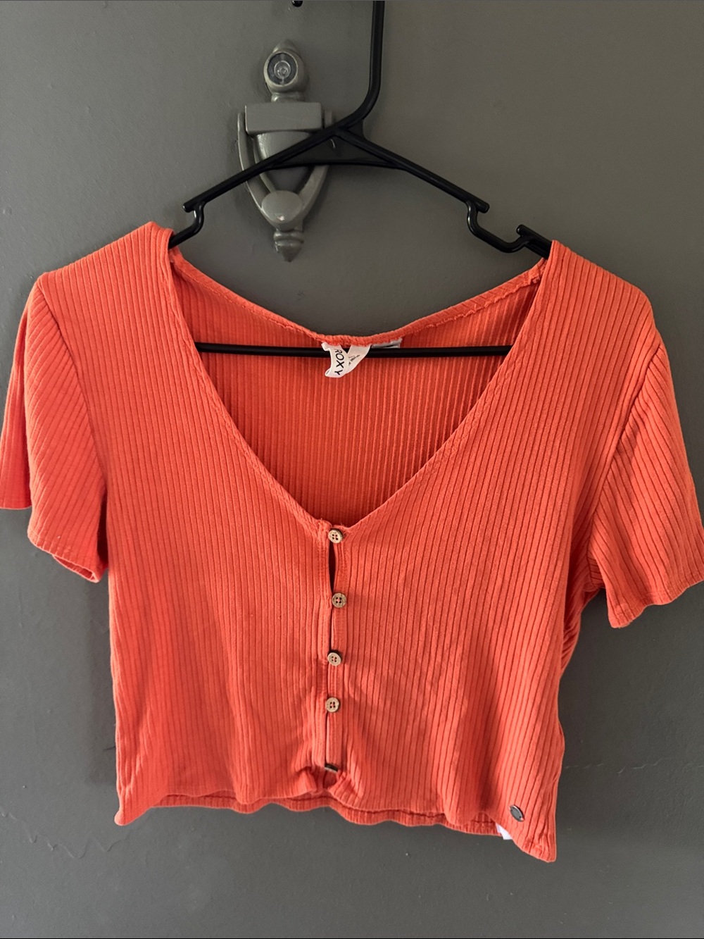 Roxy Ribbed Button-Front Crop Top - Coral
